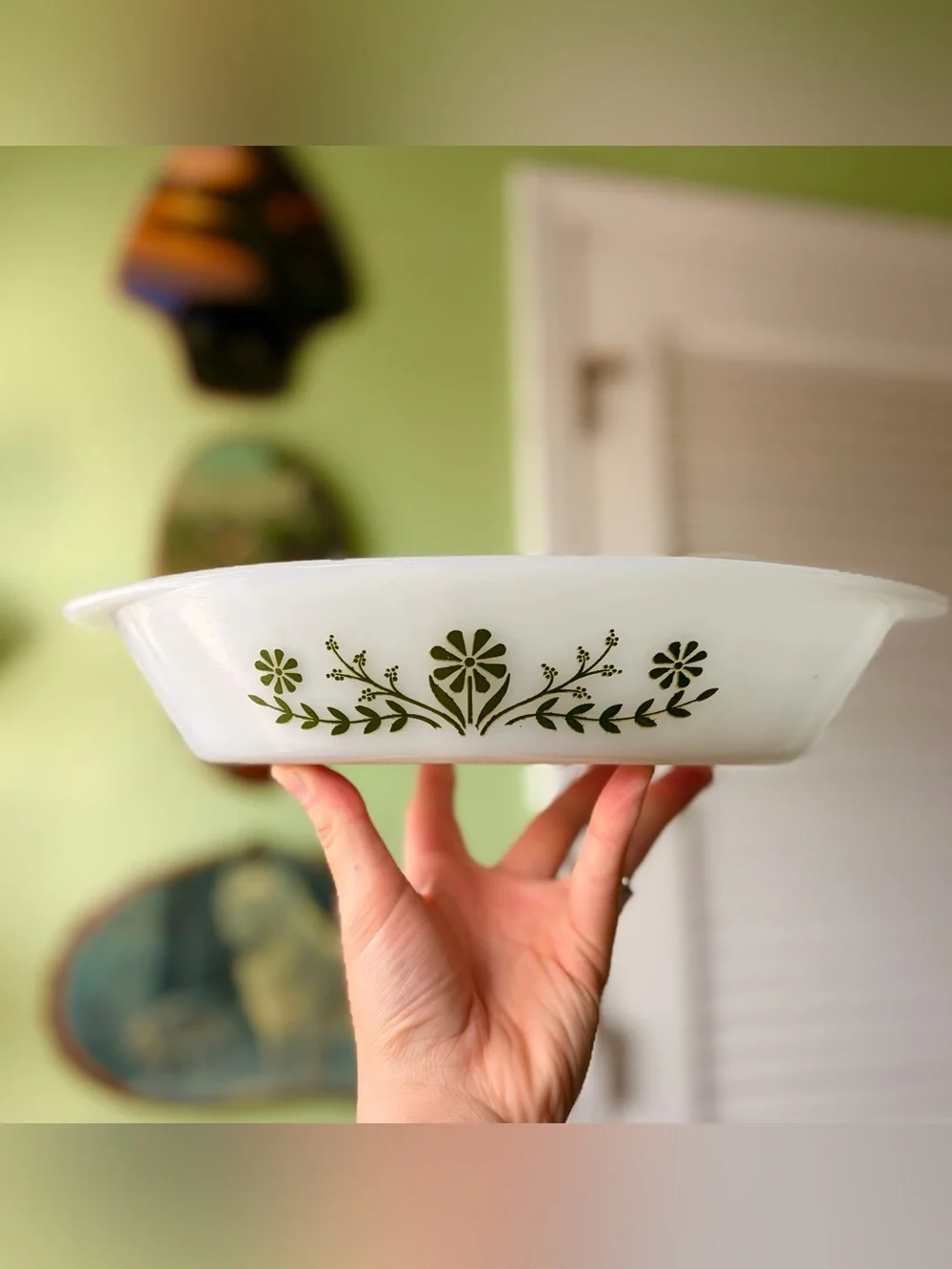 Milk Glass Green Floral Pattern Bakeware Divided Dish by Glasbake